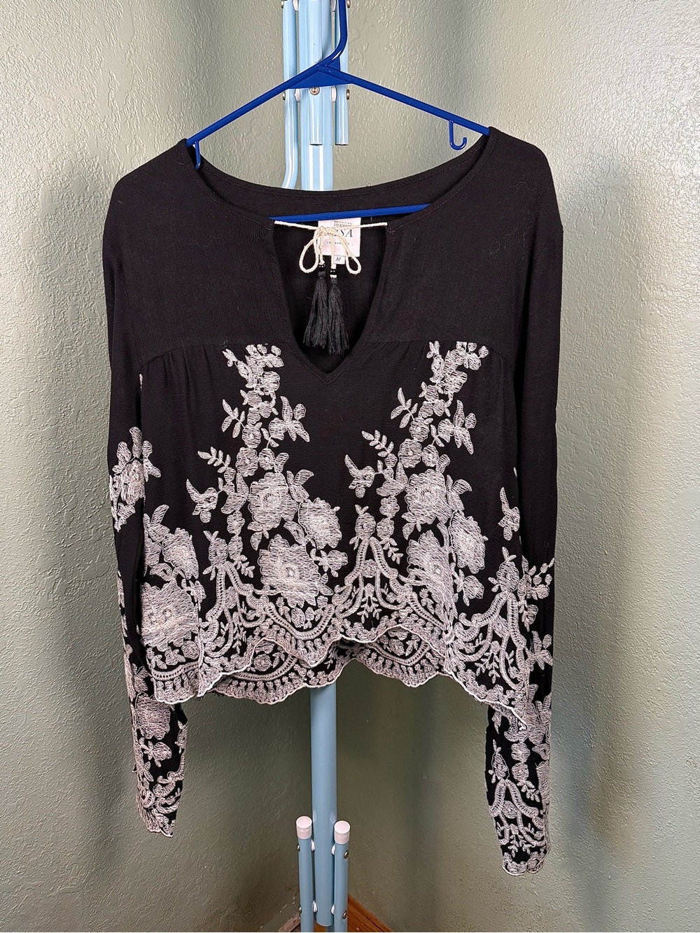 Misa Los Angeles Black Blouse with White Floral Embroidery and Tassel